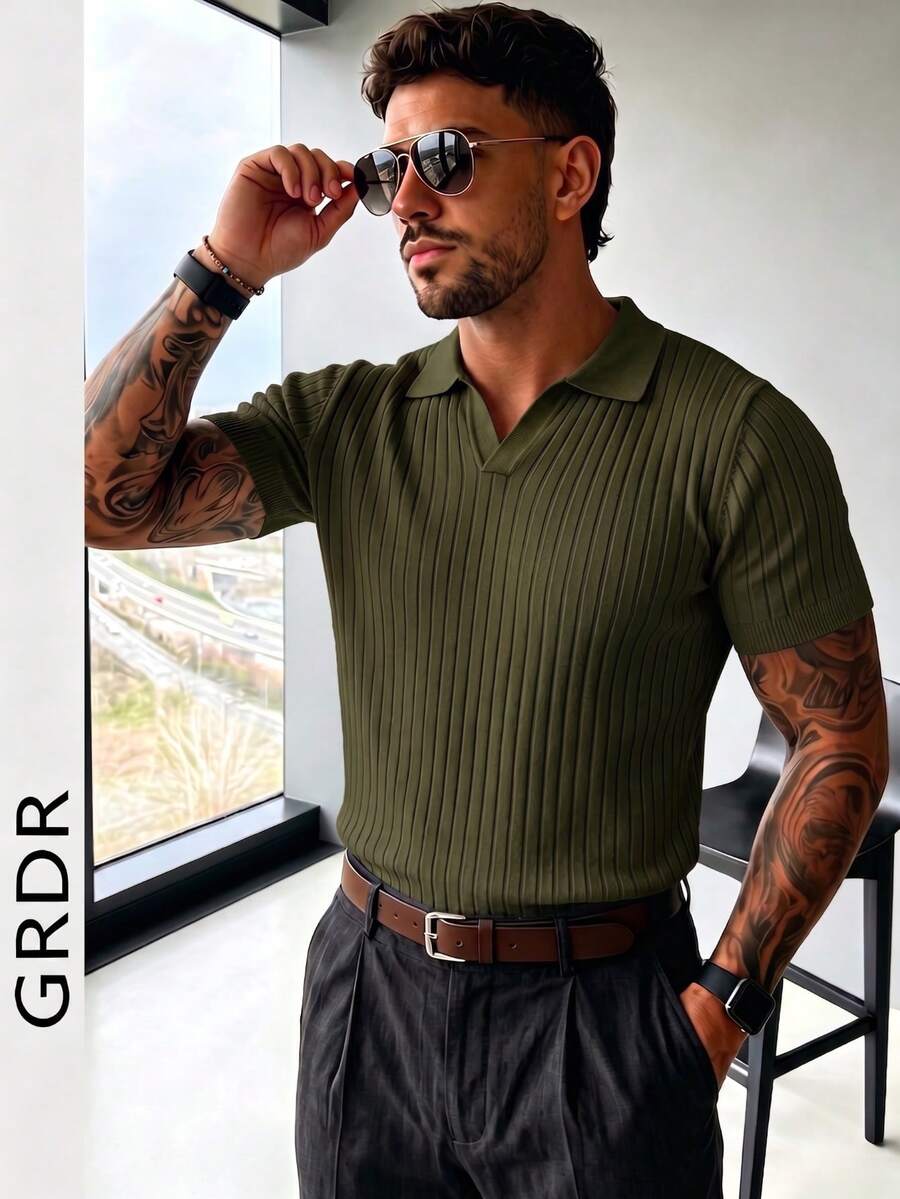 GRDR 男士夏季纯色 Polo 领短袖针织衫，适合夏季外出穿着，时尚造型必备单品