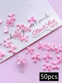 50pcs Pearlescent Shiny Bowknot 3D Resin Nail Charms, Mixed Pink & White Luster Bow Nail Art Decorations, Cute Kawaii Pearl Gloss Ribbon Bow Ornaments For DIY Manicure Acrylic Nails Salon Nail Design Accessories - Multicolor - View 5