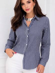 Polyester Dress Shirt, Patchwork, Striped Dress Shirt, Summer Office Shirt - Navy Blue - View 1