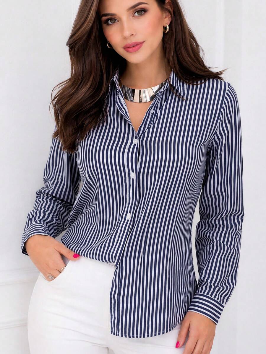 Polyester Dress Shirt, Patchwork, Striped Dress Shirt, Summer Office Shirt - Navy Blue - View 1