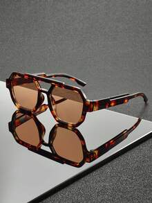 1 Pair Unisex Double Bridge Square Frame Fashion Glasses, Suitable For Vintage Outfits, Street Style, Versatile Fashion Accessory - Flower Tea Slices - View 2