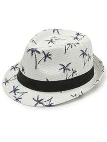 1pc Palm Tree Print Straw Fedora Hat With Black Ribbon, Breathable Short Brim Beach Sun Hat, Unisex, Suitable For Summer Travel, Vacation, Party - A - View 10