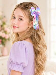 2pcs Dopamine Ombre Curly Hair Clips For Girls,Elegant Bows Headdress For Daily,Sparkling Party Star Barrettes,Fashionable Girly Hair Accessories - Multicolor - View 3