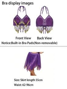 Exotic Festival Rave Party Dangling Sequin Coin Fringe Halter Crop Top, Irregular Hem Sequin Skirt For Costume Cosplay And Parade Events - Multicolor - View 10