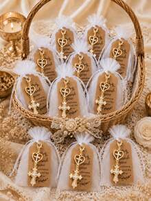 60pcs/20sets Gold Rhinestone Heart Double Cross Keychain, Guest Baptism Favor, Christian Baptism Communion Souvenir, Christian Party Decoration - Multicolor - View 2