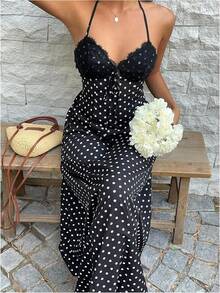 Women's Polka Dot Halter Dress Satin Backless Midi Dress With Lace Bodice Adjustable Tie Front Summer Vacation Beach Party Outfits - Black - View 5