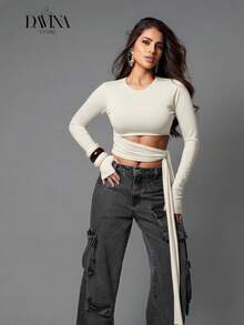 Women's Cropped Long Sleeve Suplex Blouse With Waist Tie, Tummy Control, Comfortable, Fall Winter Fashion - 離開 - 查看 3