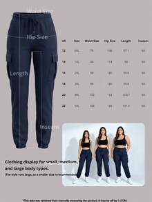 Spring/Autumn New Plus Size Women's Fashionable Versatile Solid Color Minimalist Pocket Elastic Waist Drawstring Cargo Pants, Lightweight Polyester Micro-Stretch Soft Fabric - Navy Blue - View 9