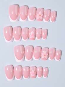 24pcs Short Square 3D Gel Floral French Nails With Pearl Decor, Set Includes: 1pc Jelly Glue And 1pc Nail File, Summer Nails - 彩色 - 查看 5