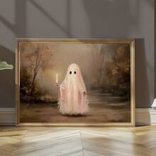 1pc Framed Canvas Wall Art, Cute Pink Ghost Holding Candle Canvas Wall Hanging, Vintage Autumn Forest Oil Painting, Dark Academia Style Halloween Atmosphere Decor, Suitable For Modern Home Decor, Room Decor, Dorm Decor, Bedroom Decor, Bathroom Decor, Kitchen Decor, Dining Room Decor, Living Room Decor, Office Decor, School Decor, Ghost Art, Gothic Halloween Poster, Halloween Decor, Halloween Home Decor, Ghost, Horror Decor - Pink Ghost - View 7