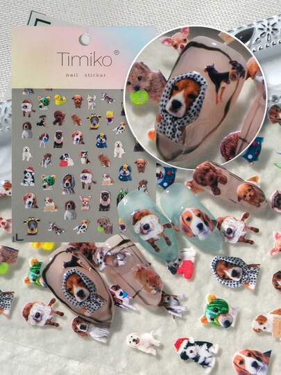 1pc Realistic 3D Cute Puppy Nail Stickers, Featuring Golden Retriever, Chihuahua, Beagle, Border Collie, French Bulldog, Teddy And More Puppy Head Designs, Decorated With Christmas Hat, Headscarf, Watermelon Head Cover, French Fries, Little Yellow Duck And Other Fun Accessories, Suitable For Pet Lovers' Daily, Gentle Commute, Pet Store Visits, Healing Lifestyle Photography, Soft Girl Casual Outfits, DIY For Dog Owners, Cute Pet Enthusiasts, Gentle Girls And Pet-Themed Nail Art Store Owners