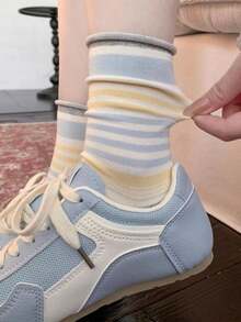 4 Pairs Korean Ins Style Color Block Striped Mid-Calf Socks, Retro Contrast Color Cuff, Student Style - Multicolor - View 5