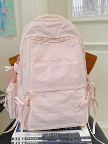 Pleated Backpack With Embroidered Slogan, Large Capacity School Bag, Japanese Style Girl Commuter Backpack - Multicolor - View 4