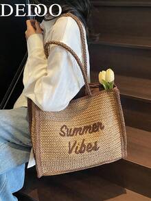 Dedoo 新款字母刺繡編織包，海灘度假時尚女款肩背托特通勤包 - 卡其色 - 查看 5