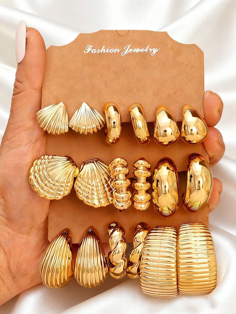 1 Set Golden Plated Textured Earring Set, Shell/Teardrop/Twist Design Statement Earrings For Women, Daily & Party Wear Fashion Jewelry - Yellow Gold - View 1