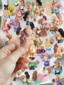 50pcs Girl Holding Flower Stickers For Scrapbook, Diary, Notebook, Phone Case, Tablet, Violin, Cabinet, Window, Skateboard, Guitar Decoration, Holiday Gift - Multicolor - View 3