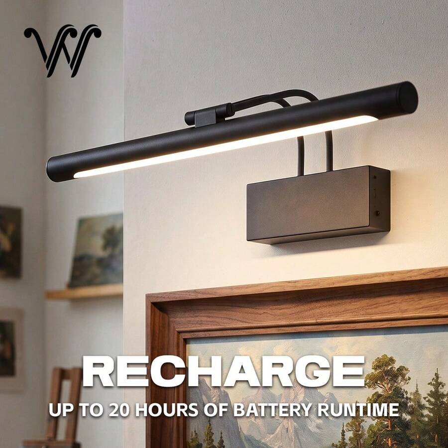 wamblz CRI90+ Luz de cuadro inalámbrica recargable con atenuación y temporizador, lámpara de pared a batería con brazo ajustable, sin taladro, luz LED de pared para galería, pasillo y decoración del hogar, oro y negro, 40cm - Negro - Ver 1