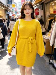 Plus Size Autumn/Winter New Daily Streetwear Solid Color Soft Slim Fit Mid-Length Tie Waist Knit Sweater Dress - Yellow - View 7