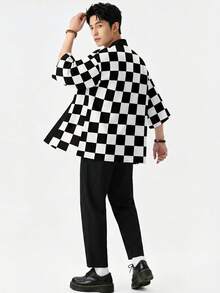 Black And White Plaid Print Casual Kimono Cardigan Sun Protection Shirt, Machine Washable, Fashionable And Versatile - Black - View 2