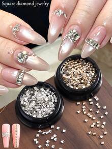 Flat-Bottomed Square Rhinestone Nail Art Accessories: Transparent Gold And Silver Square Flat Rhinestone Nail Decorations, Super Sparkly Nail Embellishments, Mini Rhinestones, Nail Art Designs Suitable For Women. Nail Charms - Multicolor - View 1