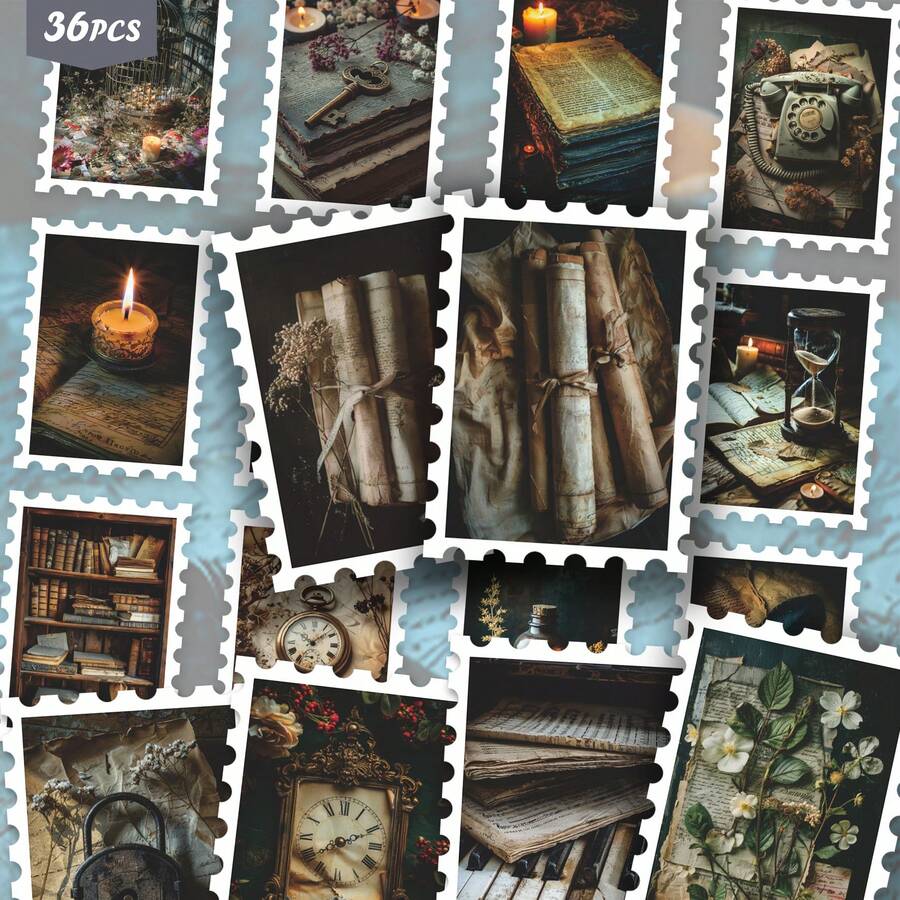 36 Peças Adesivos de Decoração Vintage Dark Academia, Conjunto de Adesivos Recortados com Estética Retrô de Livro Antigo & Vintage para Diários, Planejadores & Decoração - carimbo - Visão 1