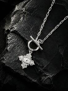 1pc Stainless Steel Vintage French Style 18K Gold Plated Cross Embossed 3D Pendant Necklace With OT Clasp - Multicolor - View 7