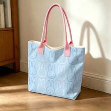 Miniso Miffy Rabbit Line Print Canvas Tote Bag Pink Handle Large Capacity Shoulder Handbag For School Shopping Daily Travel - Pink - View 1
