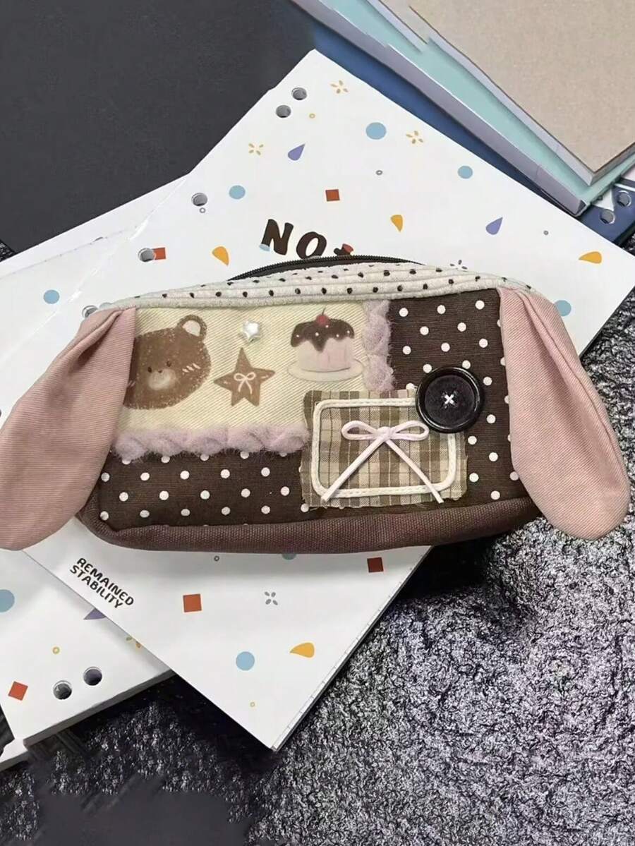 1pc Rabbit Ear Polka Dot Cake Pencil Case, INS Style Student Large Capacity Decorative Highly Attractive Stationery Makeup Bag Storage Pencil Pouch - Polka Dots - View 1