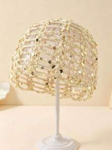 1pc Women's Spring/Summer Thin Hollow-Out Sequin Decor Handmade Crochet Knit Hat, Suitable For Spring/Summer/Autumn Daily Outdoor Wear, Random Sequin Color - Hollow Sequins - View 5