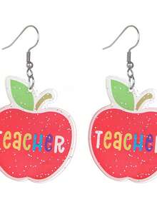 1pc Children Back To School Season Teacher's Day Cartoon Colorblock Apple Letter Acrylic Personalized Creative Earrings (No Card) - Multicolor - View 4