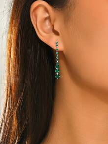 1 Pair Minimalist Light Purple Rhinestone Water Drop Tassel Earrings, Suitable For Women's Daily Wear, Party, Gift - Green - View 2