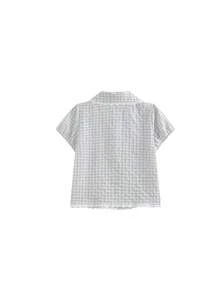 Blus Lengan Pendek Kancing Tunggal dengan Motif Kotak-kotak dan Renda, Model Ikat Depan, Warna Putih untuk Musim Panas - Putih - View 7