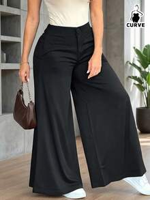 Plus Size Woven Wide Leg Long Pants With Button & Zipper Detail, Chic And Comfortable Non-Stretch Trouser For Everyday Wear Black - Black - View 1