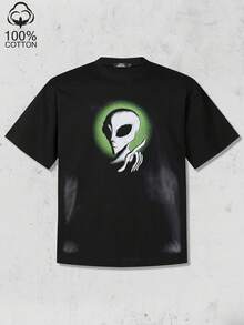 Tiny Spark Grunge Streetwear Black Tee Shirt Vintage Graffiti Aesthetic Graphic Funny Alien Printed - Black - View 1