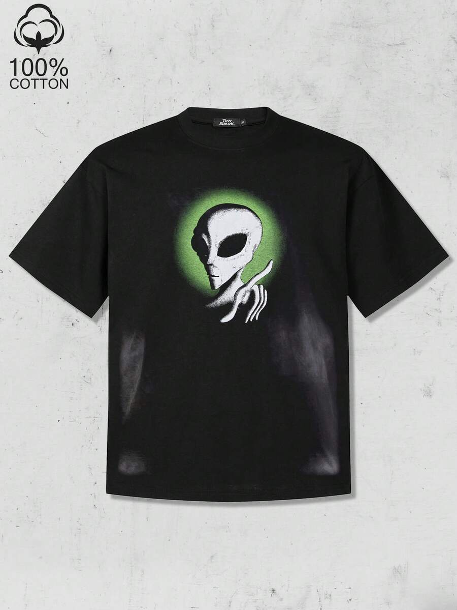 Tiny Spark Grunge Streetwear Black Tee Shirt Vintage Graffiti Aesthetic Graphic Funny Alien Printed - Black - View 1