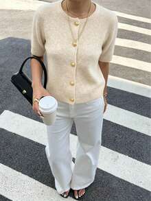 1pc Short Sleeve Solid Color Metallic Button Cardigan Sweater For Women, Casual Versatile Knit Sweater - Apricot - View 10