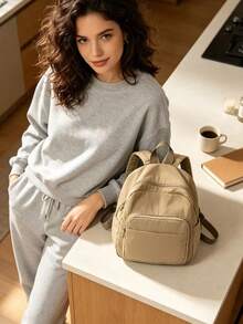 Women's Lightweight Nylon Mini Backpack, Multi Compartment Casual Small Backpack, Versatile Backpack For Commuting And Traveling, College Style Comput - Khaki - View 6