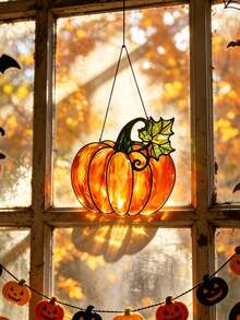 1pc Vintage Maple Leaf Pumpkin Window Hanging Decor, Rustic Farmhouse Style Autumn Halloween Thanksgiving Harvest Pendant, Cozy Fantasy Indoor Wall Decoration, Halloween Trick Or Treat Autumn Festival Entryway Home Party Window Photo Prop Hanging Ornament Gift - Multicolor 17 - View 4