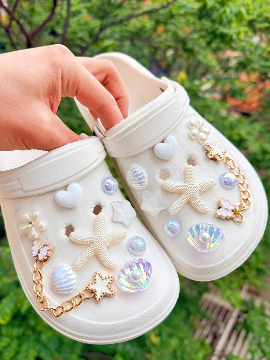 20件白色與金色海洋主題DIY鞋飾，花朵、貝殼、海星配件可拆卸，適用於有孔鞋款及更多，節日禮物