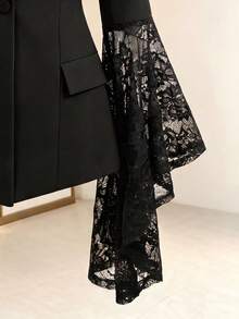 Women's Elegant Autumn/Winter Commute Daily Solid Color Lace Patchwork Asymmetric Ruffle Sleeve Slim Fit Single-Breasted One-Button Long Sleeve Blazer Jacket With Lining - Black - View 6