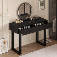 Escritorio moderno de vanidad led con espejo iluminado, mesa de vanidad de maquillaje de iluminación de 3 colores ajustable con 2 cajones de almacenamiento, mesa de vestidor de marco de metal resisten - Negro - Ver 9