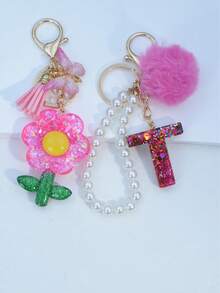 1pc Resin Starry Sky Epoxy Letter Keychain With Black Fur Ball Tassel Decor, Heart Pendant Gift For Friend And Mom - Hot Pink - View 38
