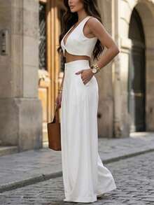 Women's Casual Solid Color Mid-Waist Wide Leg Pants, With Zipper, Pocket Details, Fashionable Versatile Wide Leg Pants - Off White - View 2