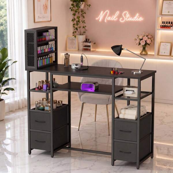 Advwin Modern Manicure Table With 3-Tier Nail Polish Rack, 4 Drawers & Open Storage Shelves, Reversible Nail Desk For Nail Tech, Professional Nail Station For Salon, Beauty, Spa & Home Studio