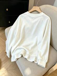 8-12Y Cute Animal & Letter Print White Top, Girly Style Frill Trim Raglan Long Sleeve Pullover - White - View 2