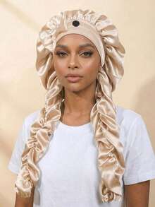 1pc Women's Satin Bow Long Braid Sleep Cap, Adjustable Snap Button Sleep Cap, Suitable For Curly Hair, Silky Anti-Static Night Headwrap, Sleep Hair Care Cap - Multicolor - View 2