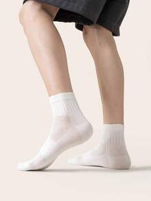 5 Pairs Men's Cotton Crew Socks, Vertical Rib Mesh Breathable Mid Calf Socks, Moisture Wicking Odor Resistant Solid Neutral Color Daily Casual Socks - Multicolor - View 4