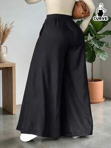 Plus Size Woven Wide Leg Long Pants With Button & Zipper Detail, Chic And Comfortable Non-Stretch Trouser For Everyday Wear Black - Black - View 2