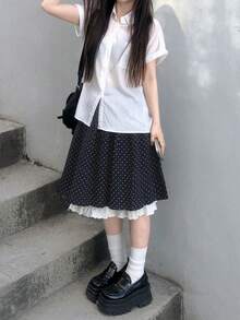 Rok Pendek Wanita Gaya Korea Vintage Motif Polkadot dengan Hiasan Renda dan Patchwork - Navy Blue - View 2