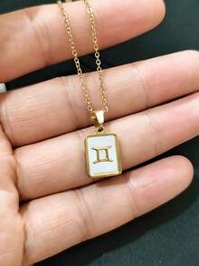 MECYLIFE 1pc Shell Zodiac Sign Necklace, Stainless Steel Square Pendant With White Shell, Perfect For Women - Yellow Gold - View 7